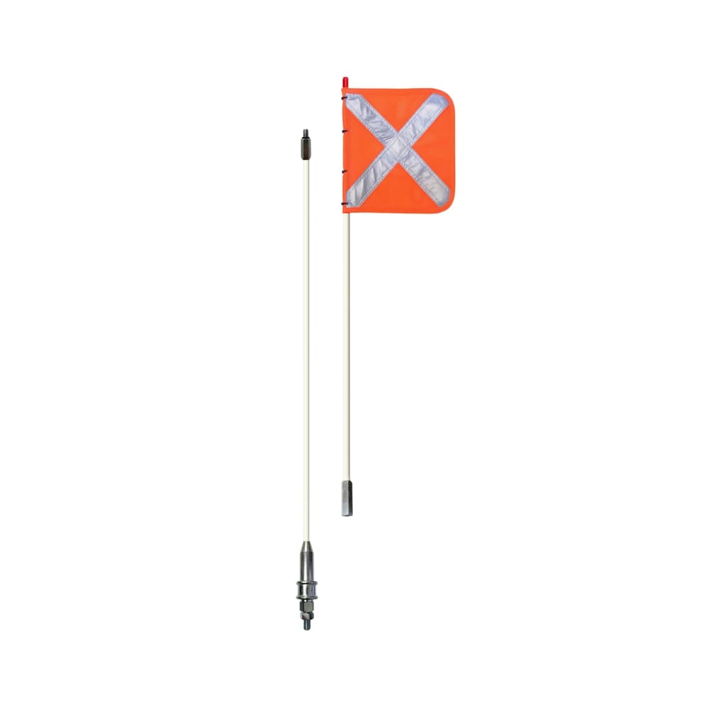 Buggy whip with a white two-piece pole, designed to enhance the visibility and safety of off-road vehicles, featuring a durable and flexible construction for secure mounting.