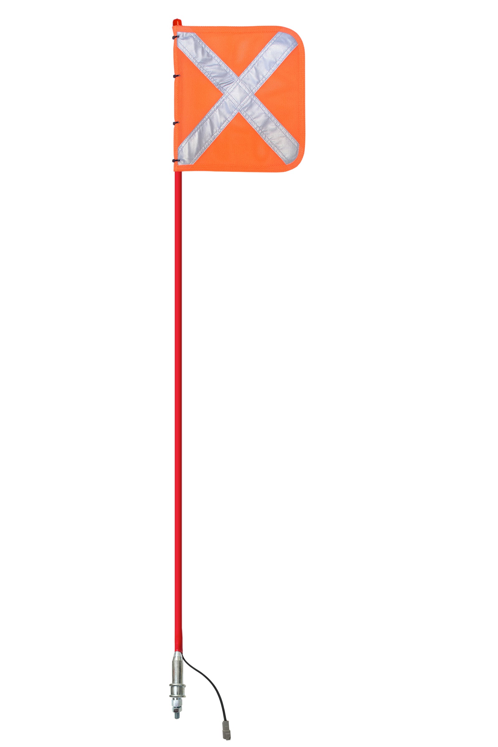Buggy whip with an attached safety flag in the off position, designed to enhance the visibility and safety of off-road vehicles, featuring a durable and flexible build.