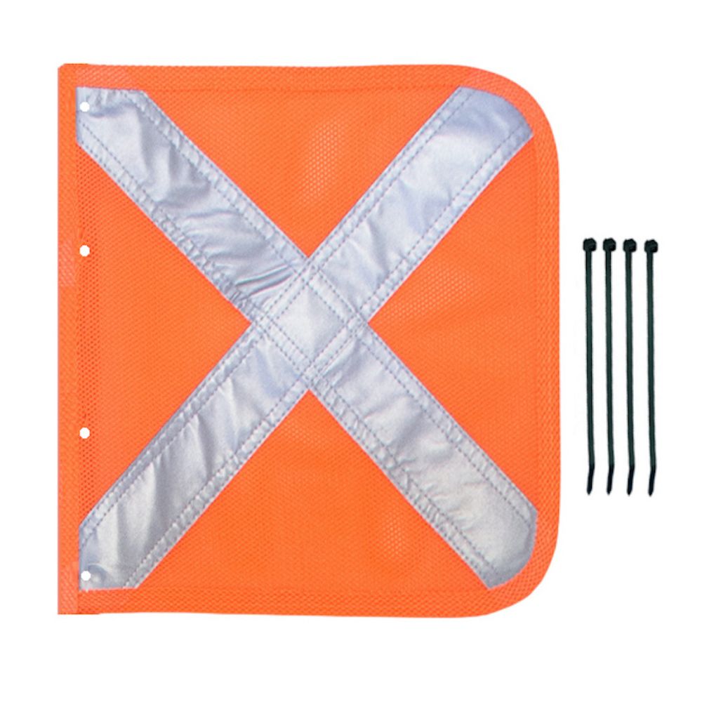 Bandera de seguridad naranja de malla reflectante en forma de X con 4 bridas de cables.